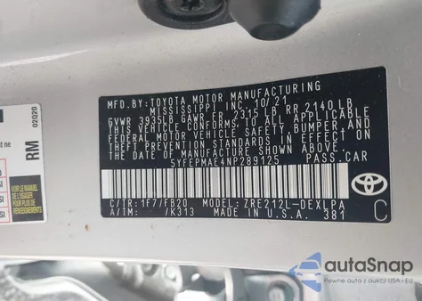 2022 Toyota Corolla Le из США, поврежденный, VIN 5YFEPMAE4NP289125